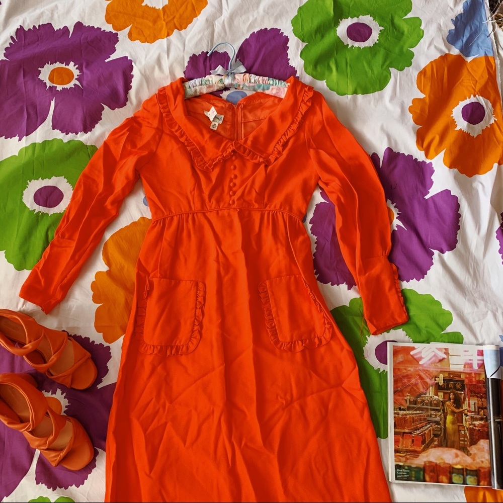 Vtg 70s Babydoll Collar Blood Orange Maxi Dress